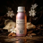 vanilla almond jasmine perfume oil background with creamy vanilla, almond texture and soft jasmine flowers in a dark warm sensual atmosphere