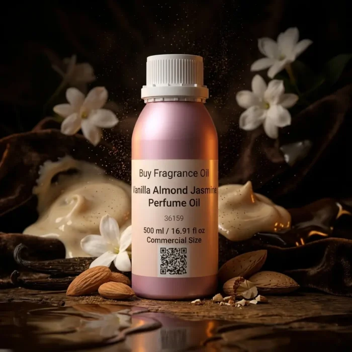 vanilla almond jasmine perfume oil background with creamy vanilla, almond texture and soft jasmine flowers in a dark warm sensual atmosphere