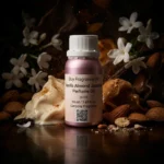 vanilla almond jasmine perfume oil background with creamy vanilla, almond texture and soft jasmine flowers in a dark warm sensual atmosphere