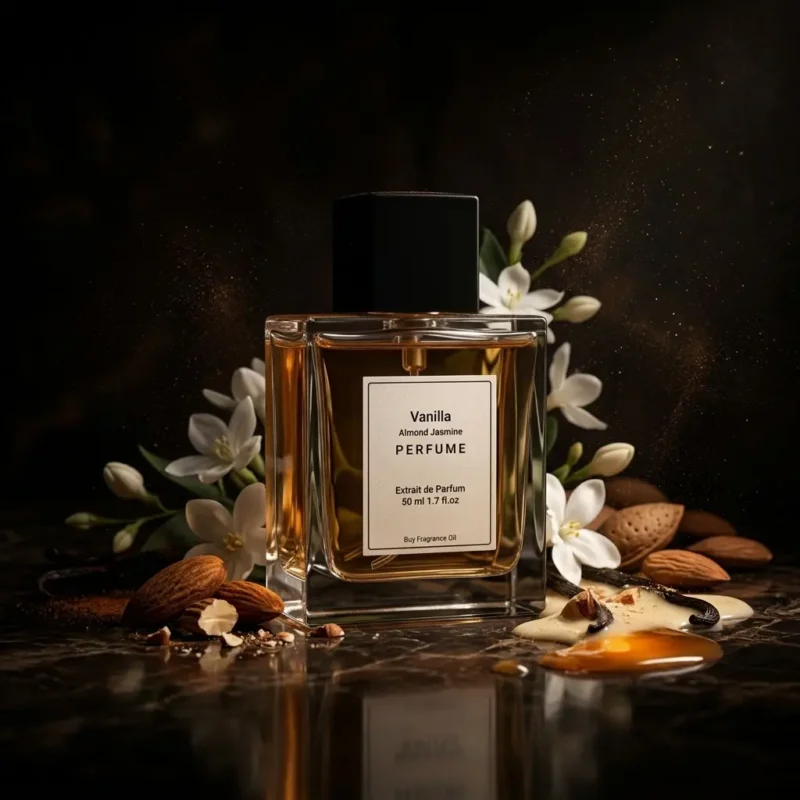 vanilla almond jasmine perfume oil background with creamy vanilla, almond texture and soft jasmine flowers in a dark warm sensual atmosphere