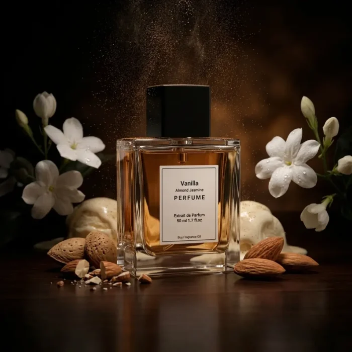 vanilla almond jasmine perfume oil background with creamy vanilla, almond texture and soft jasmine flowers in a dark warm sensual atmosphere