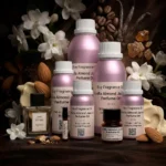 vanilla almond jasmine perfume oil background with creamy vanilla, almond texture and soft jasmine flowers in a dark warm sensual atmosphere