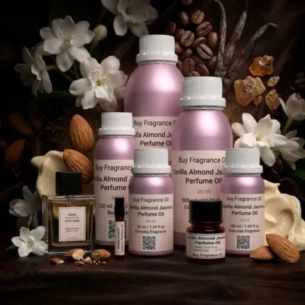 vanilla almond jasmine perfume oil background with creamy vanilla, almond texture and soft jasmine flowers in a dark warm sensual atmosphere