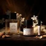 vanilla almond jasmine perfume oil background with creamy vanilla, almond texture and soft jasmine flowers in a dark warm sensual atmosphere