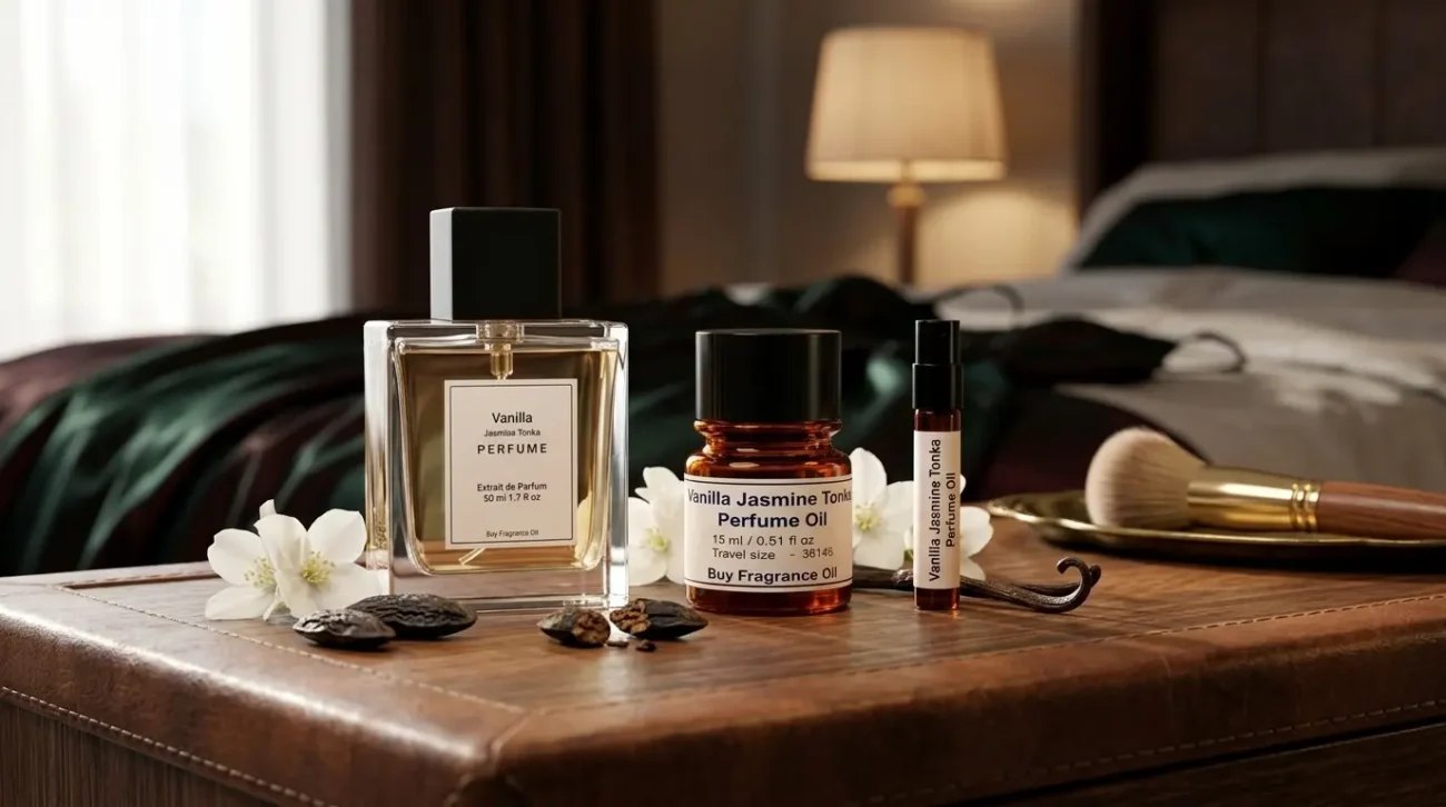 vanilla jasmine tonka perfume oil background with creamy vanilla, white jasmine flowers and warm tonka bean glow in a dark sensual atmosphere