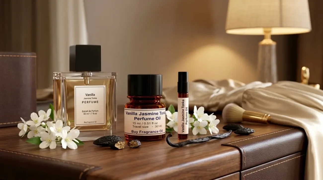 vanilla jasmine tonka perfume oil background with creamy vanilla, white jasmine flowers and warm tonka bean glow in a dark sensual atmosphere