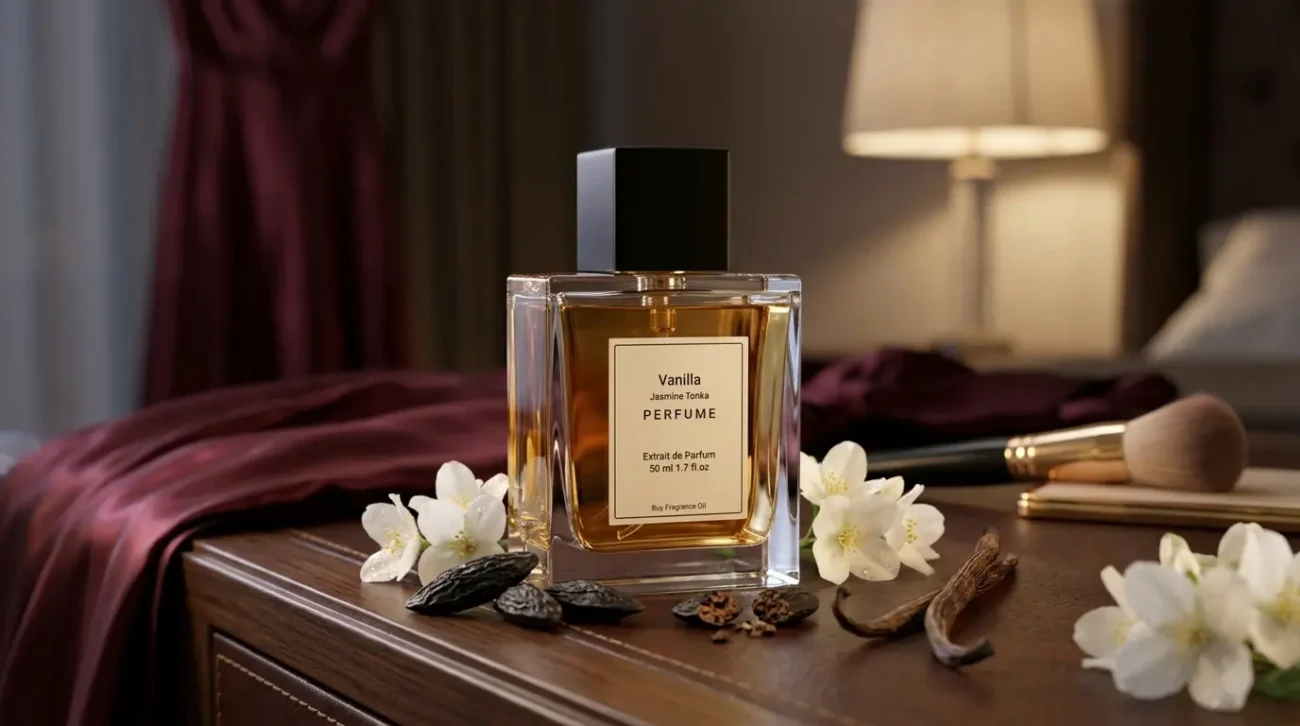 vanilla jasmine tonka perfume oil background with creamy vanilla, white jasmine flowers and warm tonka bean glow in a dark sensual atmosphere