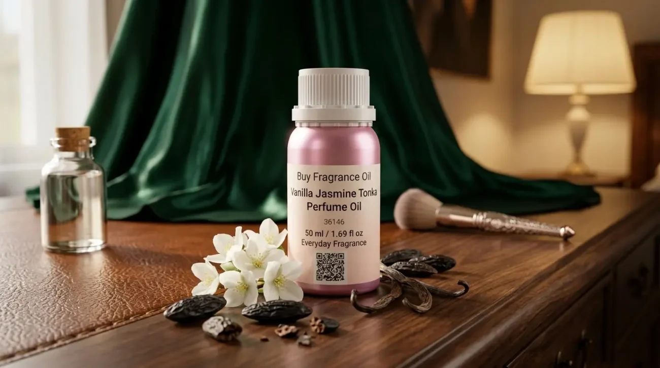 vanilla jasmine tonka perfume oil background with creamy vanilla, white jasmine flowers and warm tonka bean glow in a dark sensual atmosphere