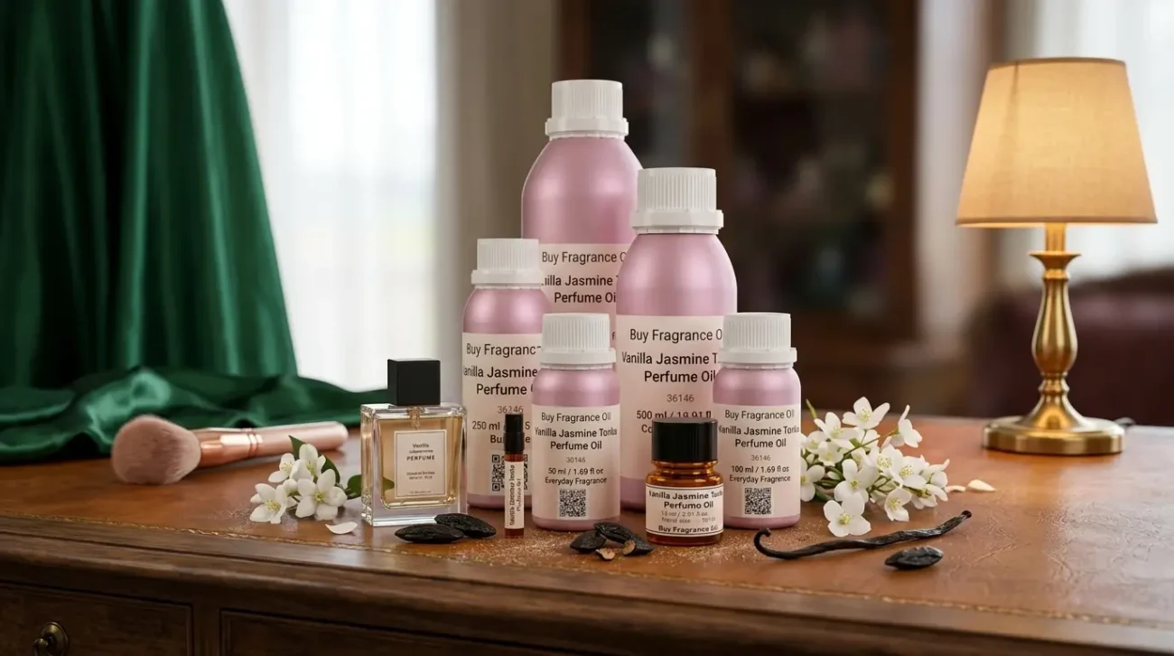 vanilla jasmine tonka perfume oil background with creamy vanilla, white jasmine flowers and warm tonka bean glow in a dark sensual atmosphere