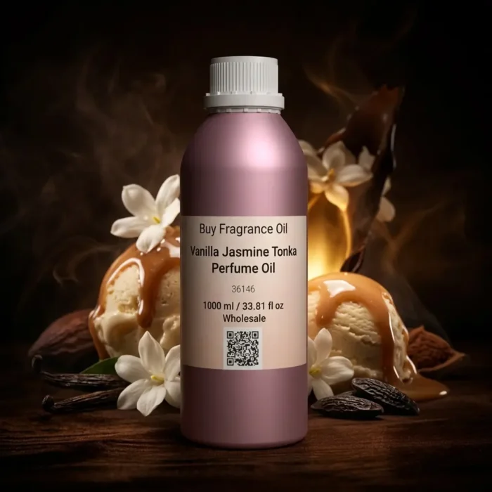 vanilla jasmine tonka perfume oil background with creamy vanilla, white jasmine flowers and warm tonka bean glow in a dark sensual atmosphere