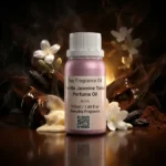 vanilla jasmine tonka perfume oil background with creamy vanilla, white jasmine flowers and warm tonka bean glow in a dark sensual atmosphere