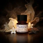vanilla jasmine tonka perfume oil background with creamy vanilla, white jasmine flowers and warm tonka bean glow in a dark sensual atmosphere