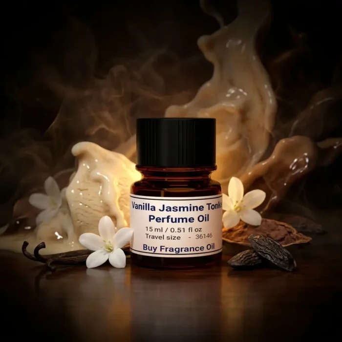 vanilla jasmine tonka perfume oil background with creamy vanilla, white jasmine flowers and warm tonka bean glow in a dark sensual atmosphere