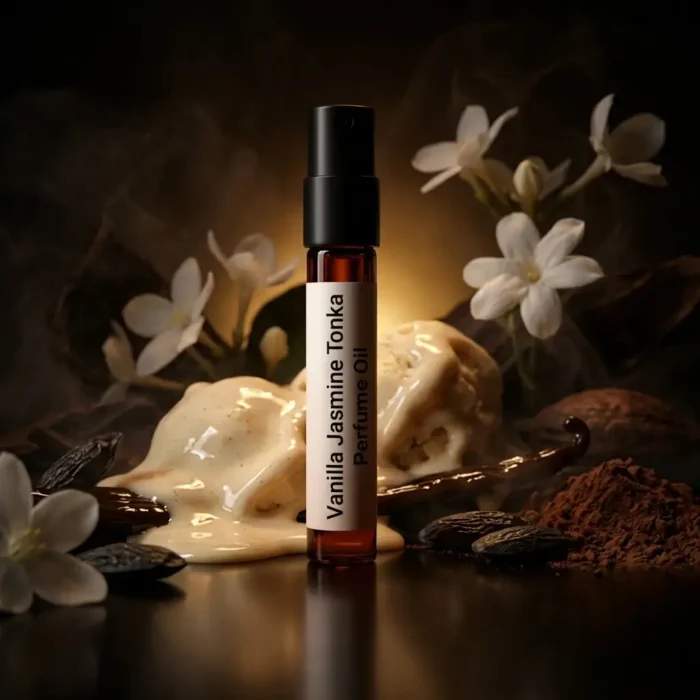 vanilla jasmine tonka perfume oil background with creamy vanilla, white jasmine flowers and warm tonka bean glow in a dark sensual atmosphere