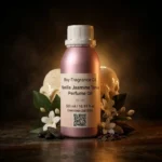 vanilla jasmine tonka perfume oil background with creamy vanilla, white jasmine flowers and warm tonka bean glow in a dark sensual atmosphere