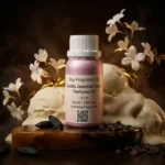 vanilla jasmine tonka perfume oil background with creamy vanilla, white jasmine flowers and warm tonka bean glow in a dark sensual atmosphere