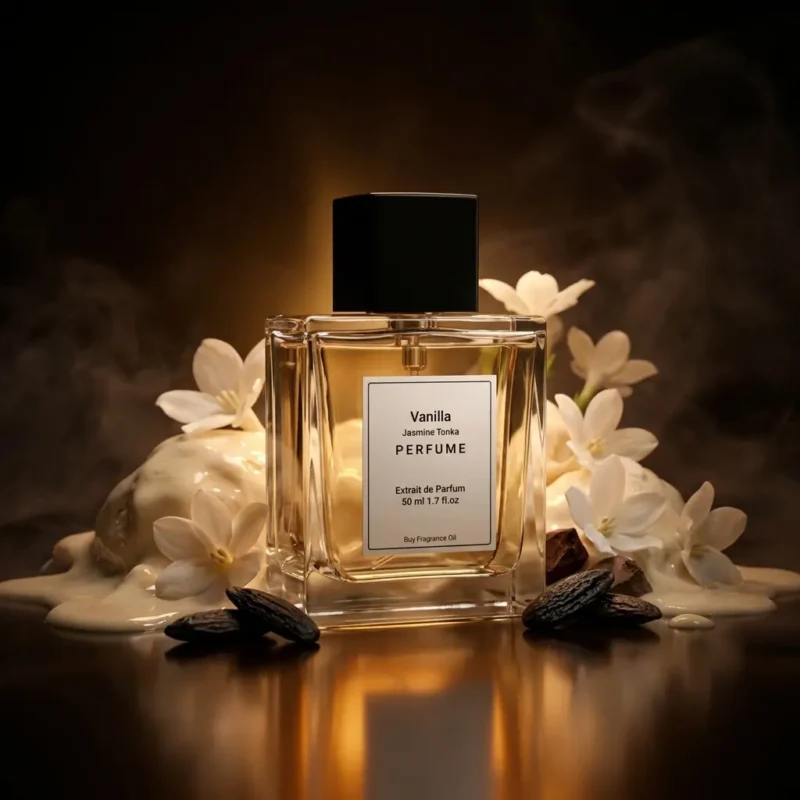 vanilla jasmine tonka perfume oil background with creamy vanilla, white jasmine flowers and warm tonka bean glow in a dark sensual atmosphere