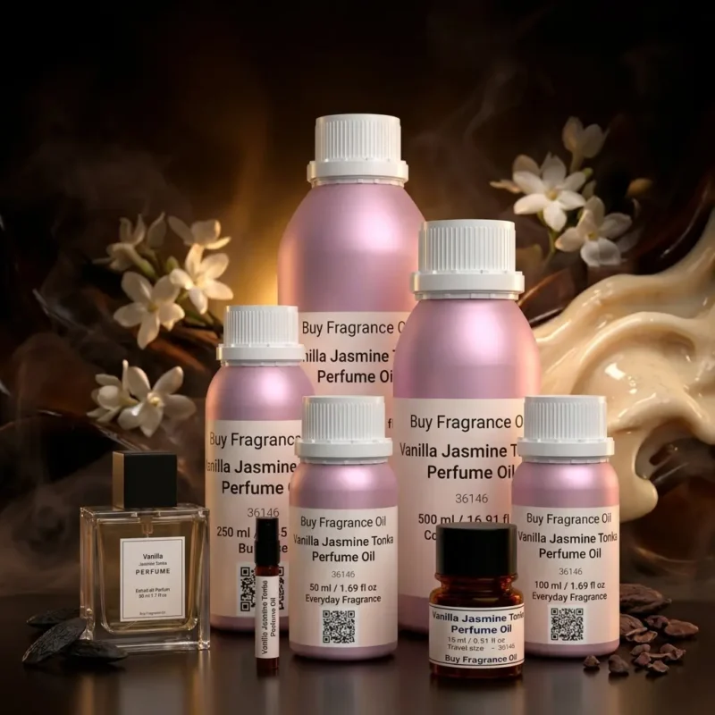 vanilla jasmine tonka perfume oil background with creamy vanilla, white jasmine flowers and warm tonka bean glow in a dark sensual atmosphere