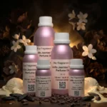 vanilla jasmine tonka perfume oil background with creamy vanilla, white jasmine flowers and warm tonka bean glow in a dark sensual atmosphere