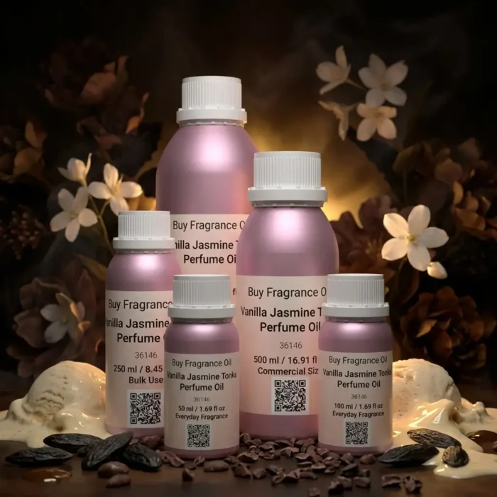 vanilla jasmine tonka perfume oil background with creamy vanilla, white jasmine flowers and warm tonka bean glow in a dark sensual atmosphere