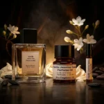 vanilla jasmine tonka perfume oil background with creamy vanilla, white jasmine flowers and warm tonka bean glow in a dark sensual atmosphere