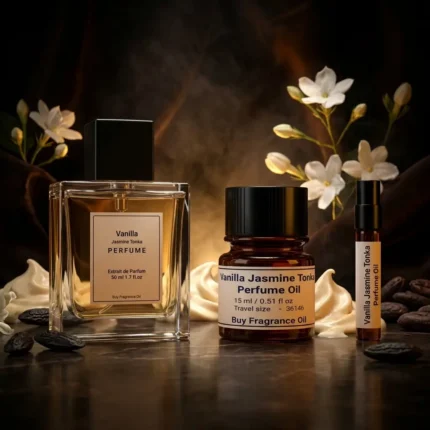 vanilla jasmine tonka perfume oil background with creamy vanilla, white jasmine flowers and warm tonka bean glow in a dark sensual atmosphere