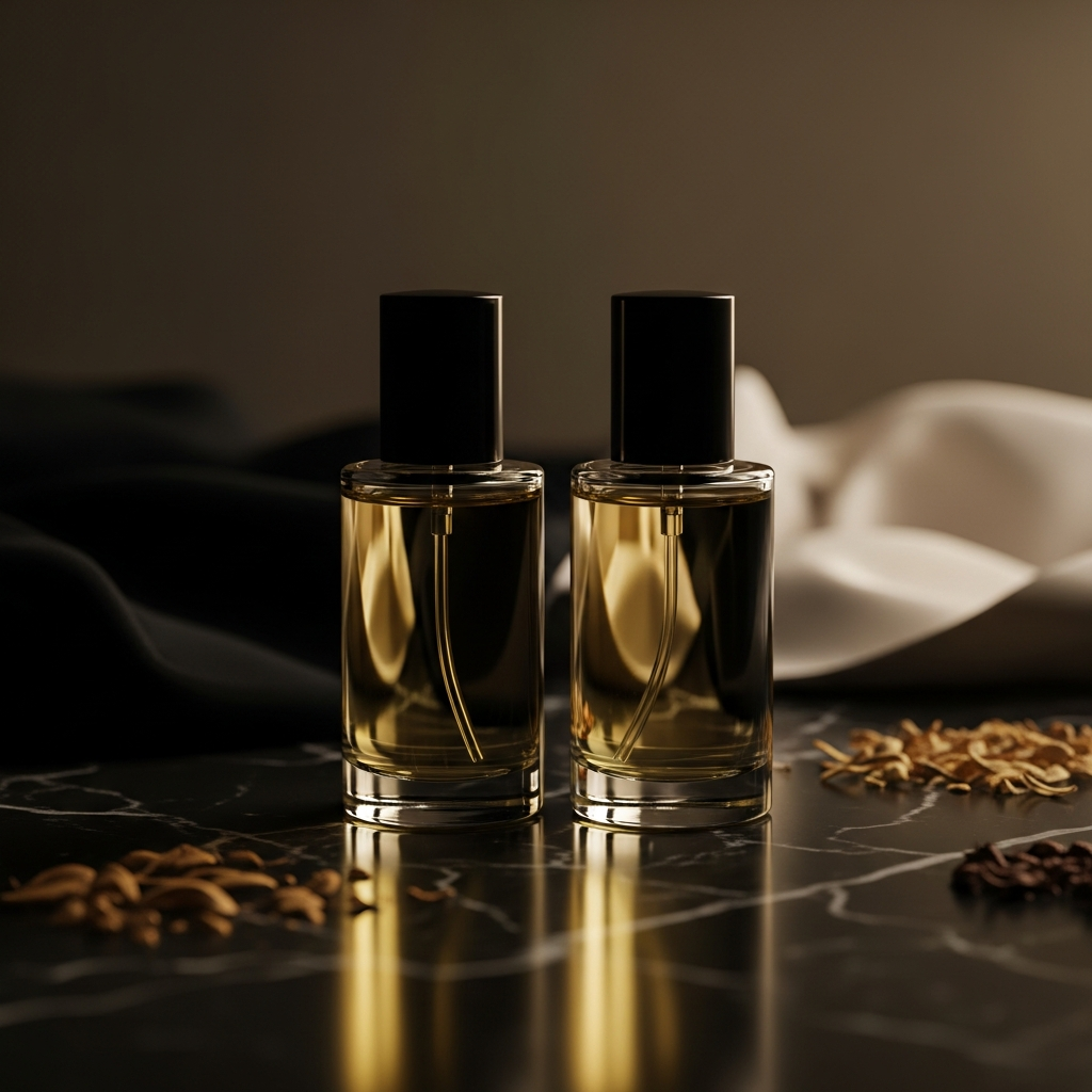 Luxury Fragrance - A luxurious macro shot of two elegant glass perfume oil bottles next to each other, resting on a dark marble surface with a hint of gold reflection. Minimalist luxury style with soft focus background.