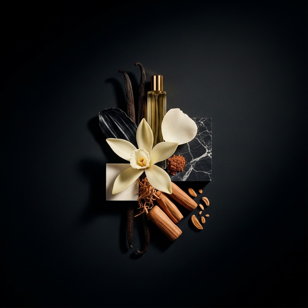 Luxury Fragrance - Artistic composition showing botanical ingredients like vanilla pods, a single rose petal, and sandalwood arranged elegantly on a dark charcoal background. Soft, moody cinematic lighting.