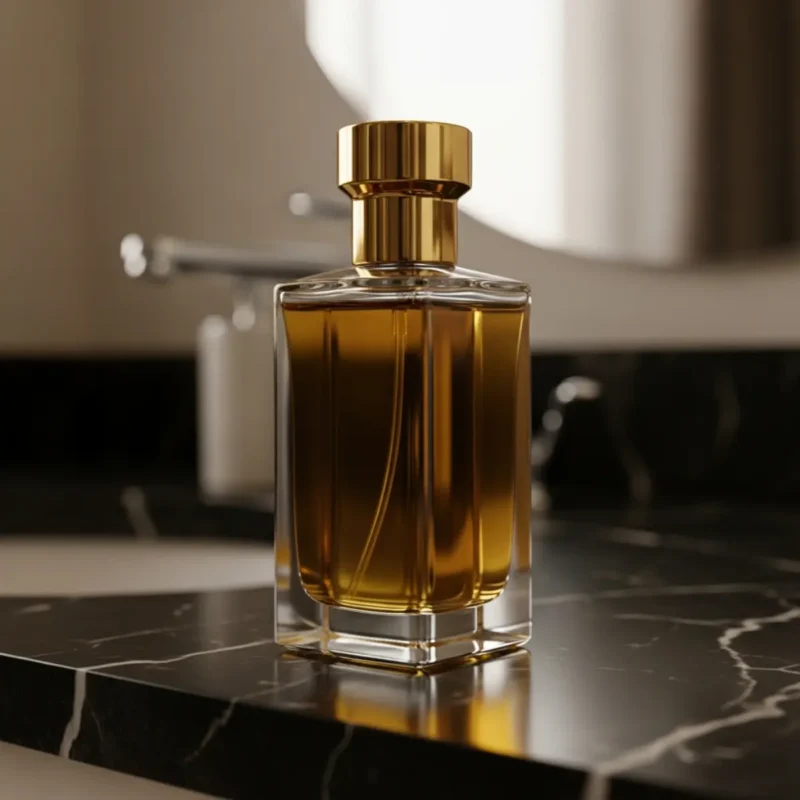 How to make perfume last longer — luxury perfume oil bottle on dark marble vanity