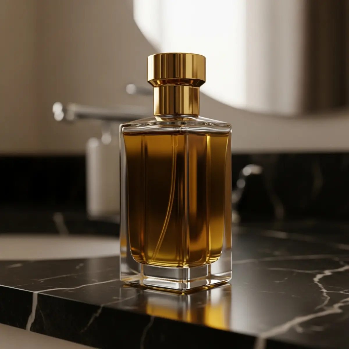 How to make perfume last longer — luxury perfume oil bottle on dark marble vanity