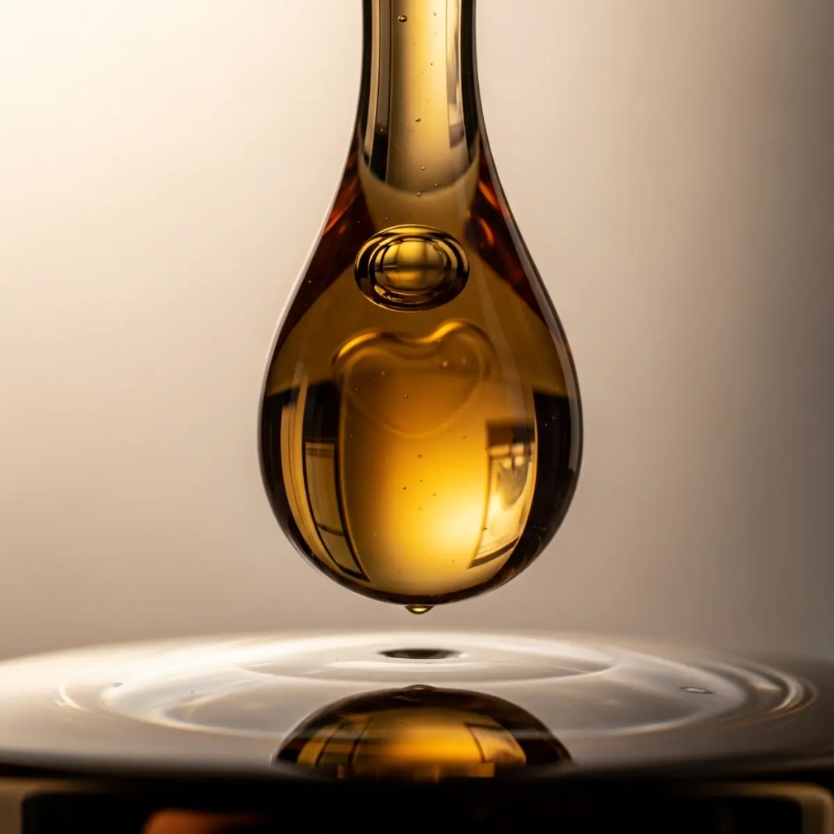 Macro shot of amber perfume oil drop — concentrated formula for long-lasting scent