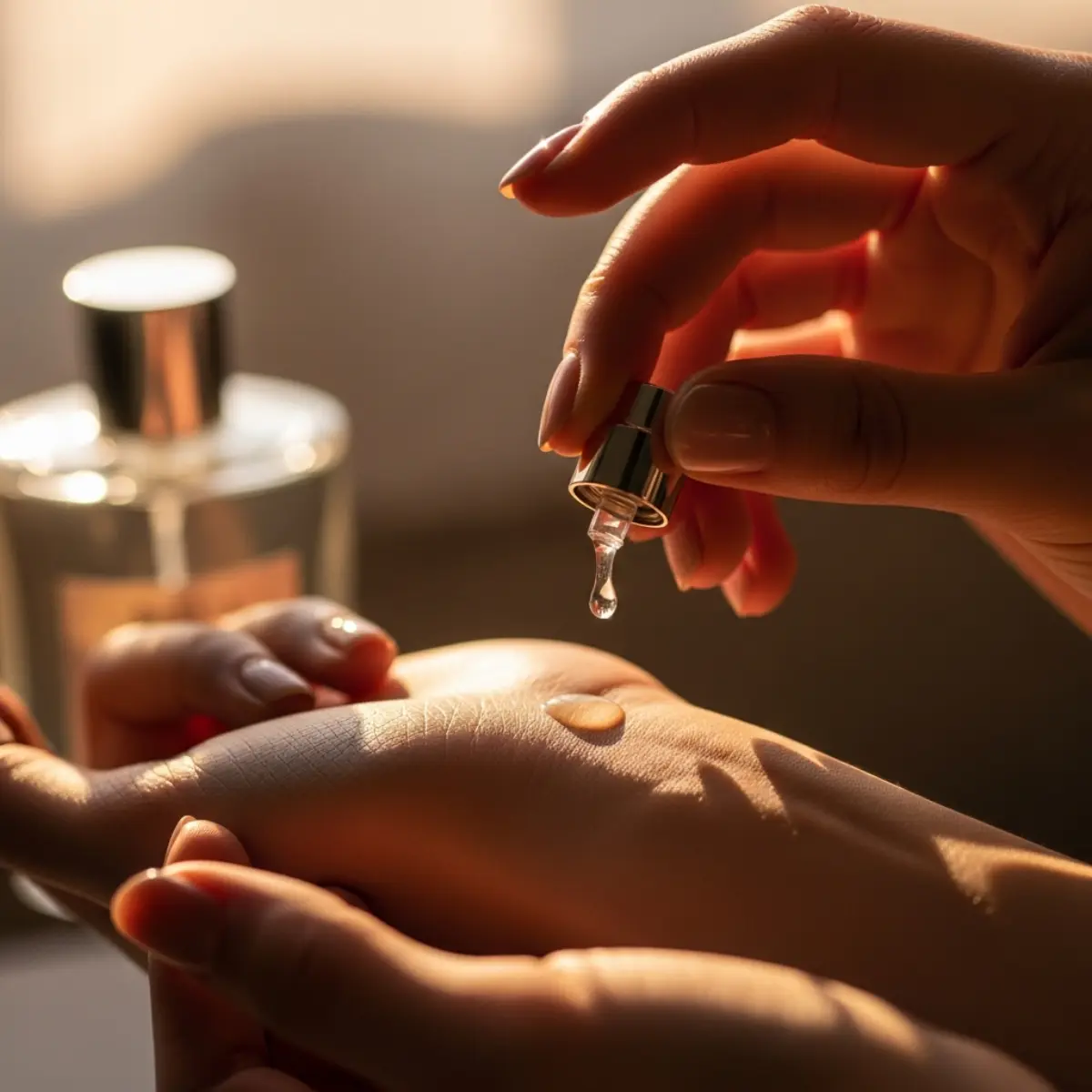 Applying perfume oil to wrist pulse point — key technique to make perfume last longer