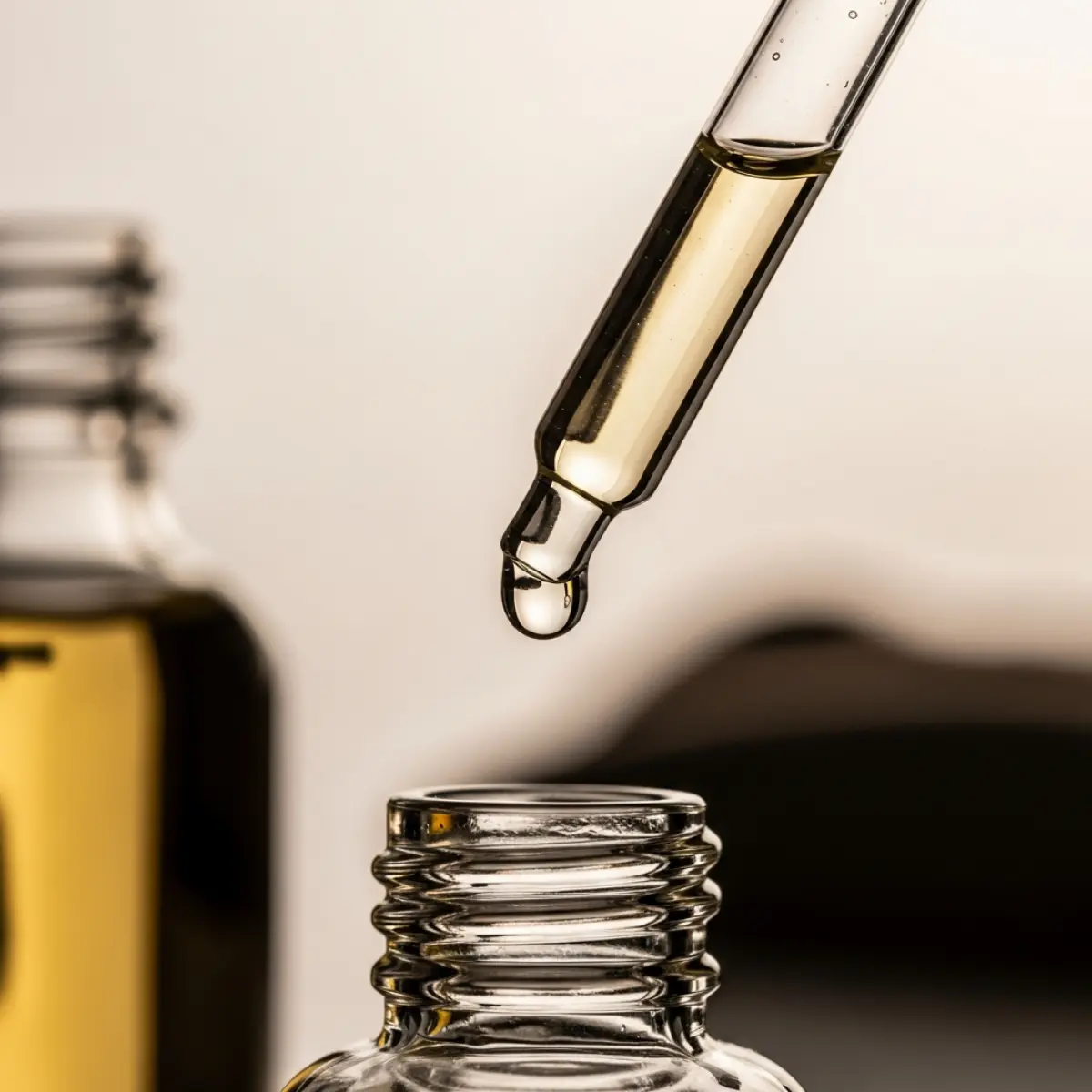 Single drop of fragrance oil from glass pipette — purity and concentration