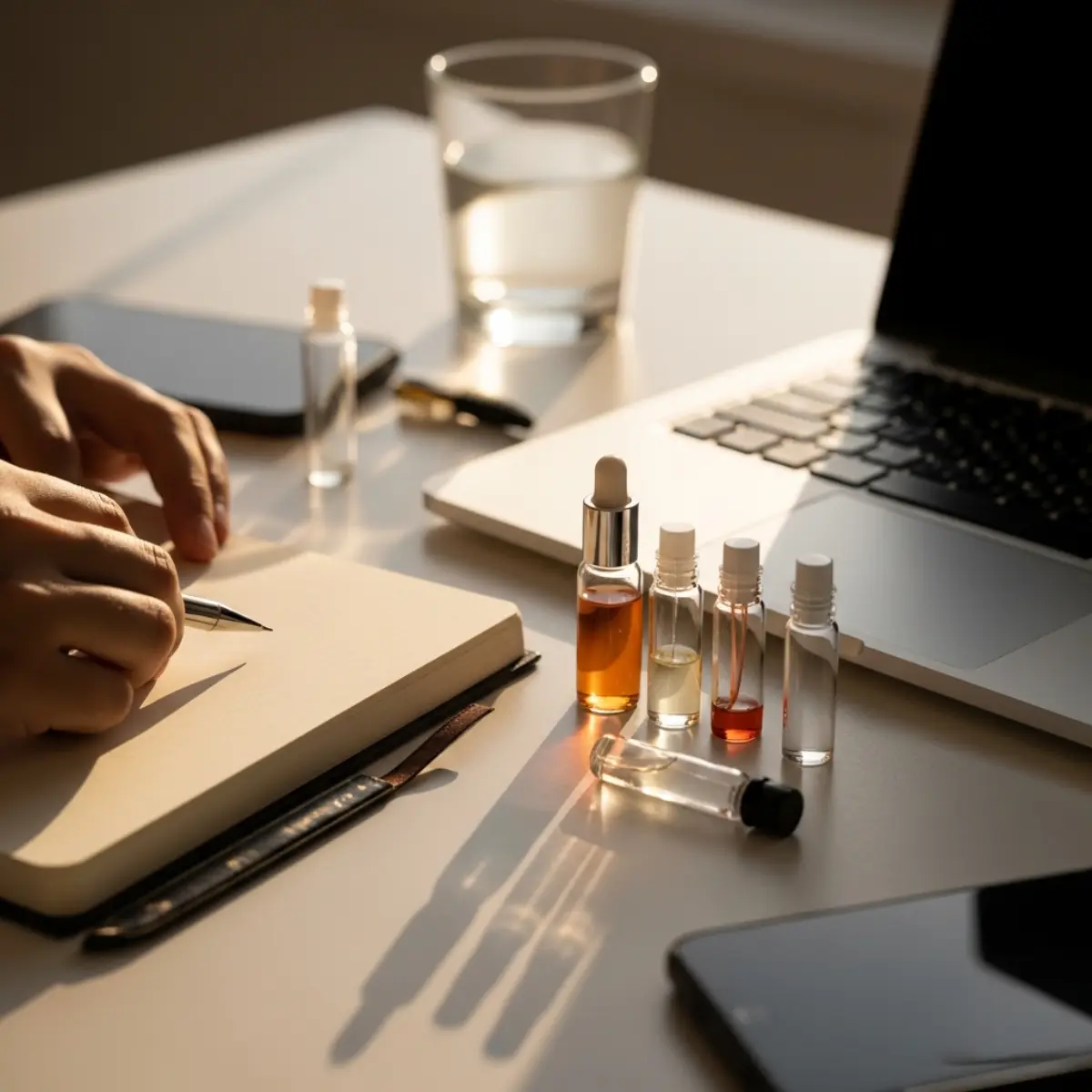 Fragrance entrepreneur workspace with perfume vials and laptop
