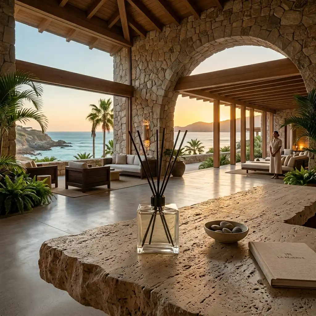 Why 5-Star Resort Atmospheres Depend on Ambient Scent. A minimalist ambient scent diffuser on a travertine table in an open-air 5-star luxury resort lobby overlooking the coast.