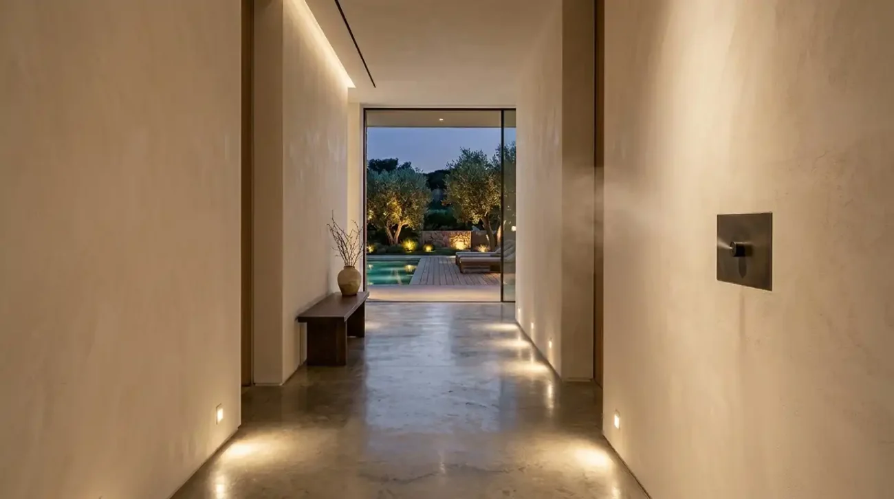Built-in luxury scent diffuser in a minimalist architectural corridor connecting different zones of a contemporary villa.