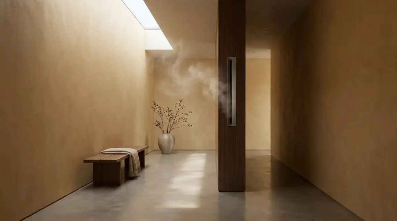 A minimalist architectural hallway with warm plaster walls and an integrated commercial scent diffuser in a luxury villa.