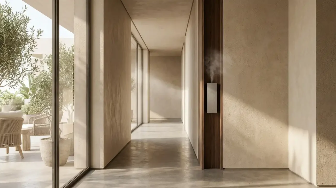 A minimalist architectural corridor with warm plaster walls and an integrated commercial scent diffuser in a luxury villa.