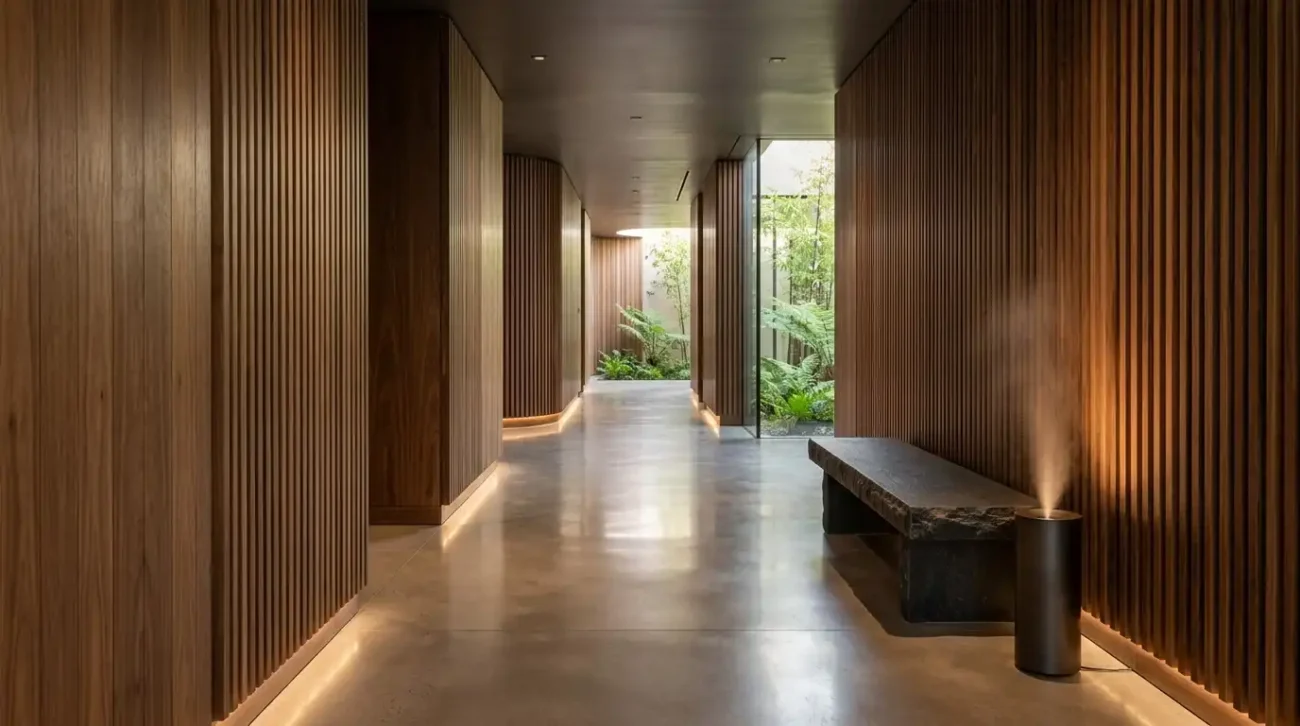 seamless commercial scent diffuser integrated into a warm walnut wood corridor in a luxury wellness resort.
