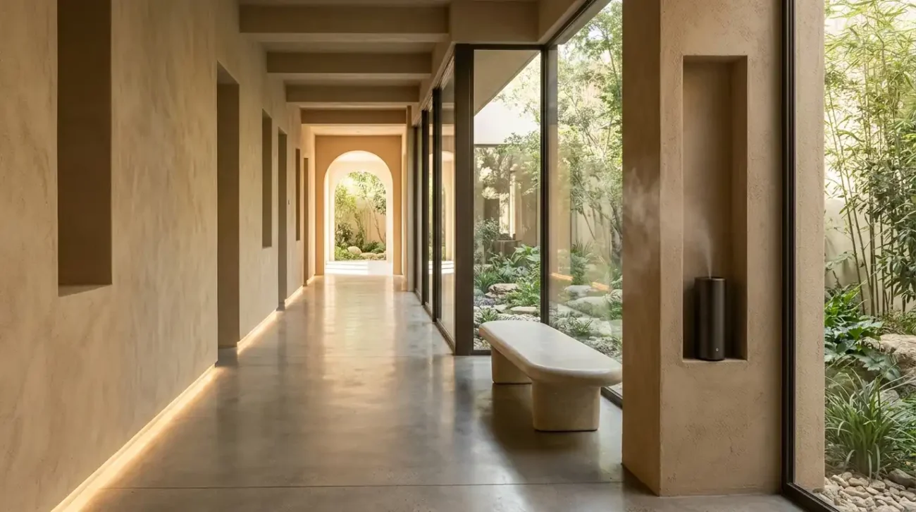 A seamlessly integrated commercial scent diffuser in a warm, minimalist architectural corridor of a luxury wellness retreat.