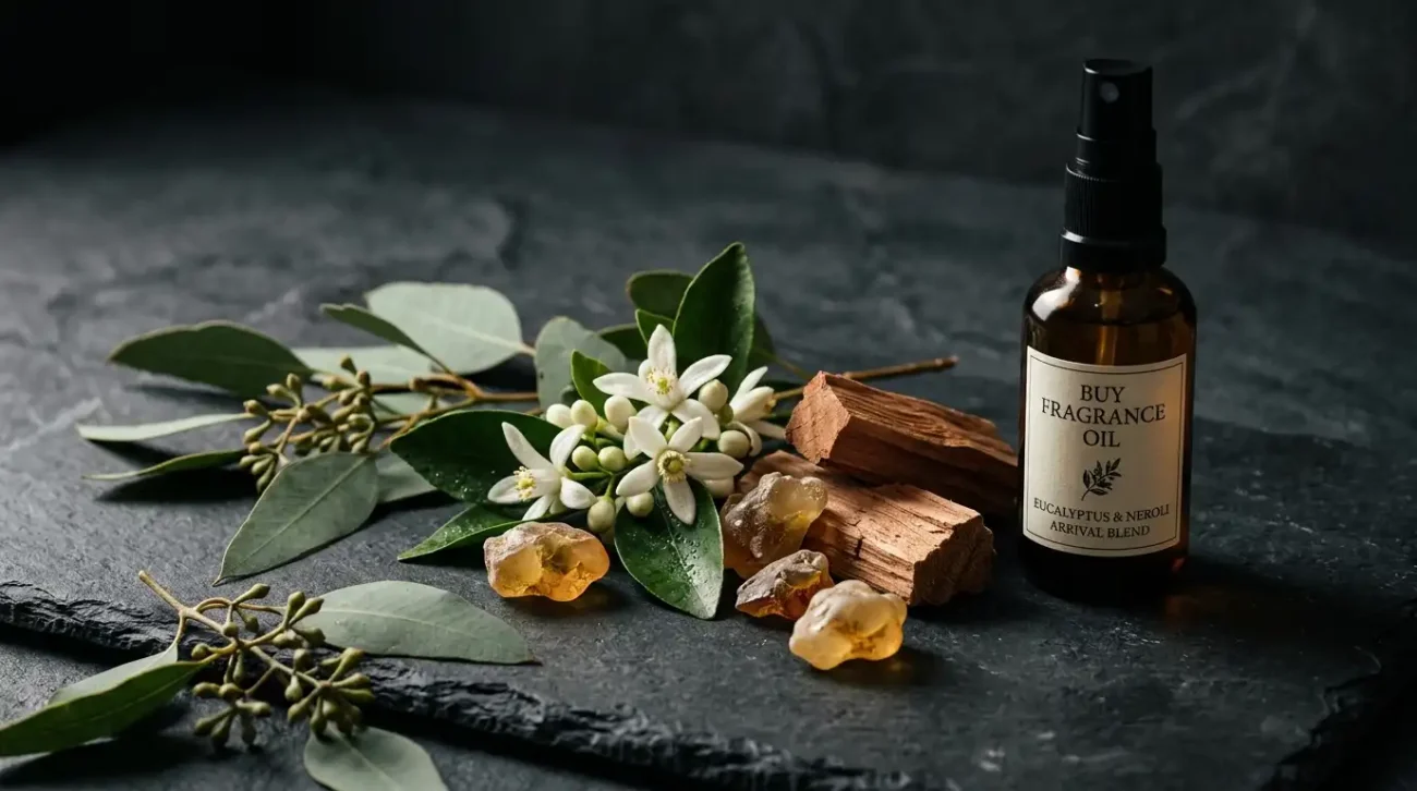 Eucalyptus, neroli blossoms, cedarwood, and amber resin arranged next to a luxury room spray on a slate surface.
