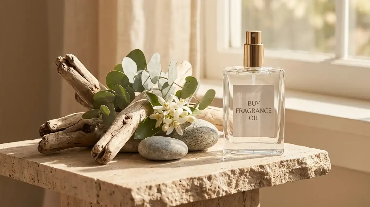 Driftwood, eucalyptus, neroli blossoms, and sea-mineral stones next to a Buy Fragrance Oil room spray on a travertine surface.