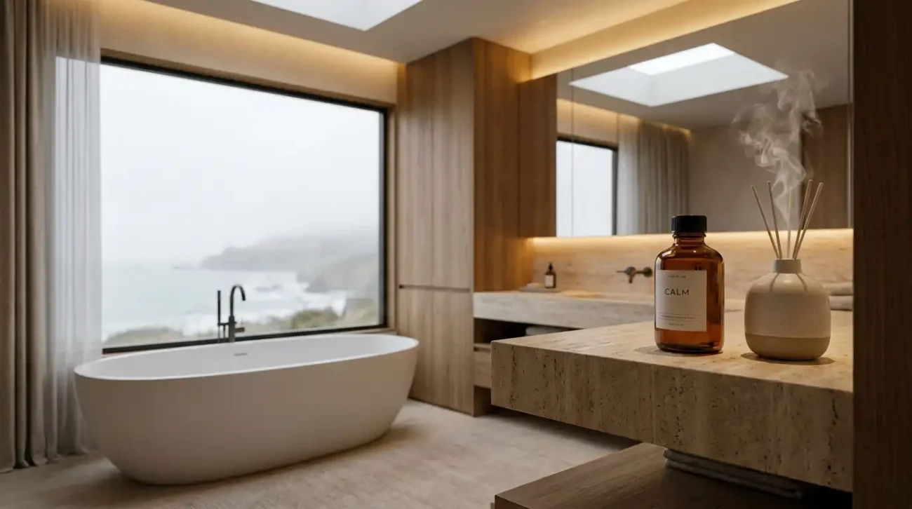 Ceramic room diffuser and amber glass oil bottle on a travertine vanity in a light-filled California coastal master bathroom.