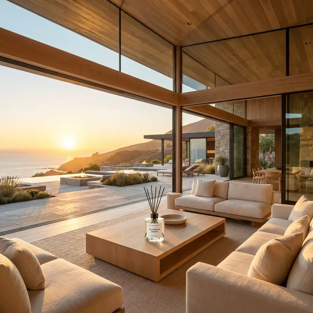 California Retreat Architecture and Fragrance. A minimalist Buy Fragrance Oil glass diffuser on an oak table inside an airy California villa with open sliding glass walls looking out to the coast.