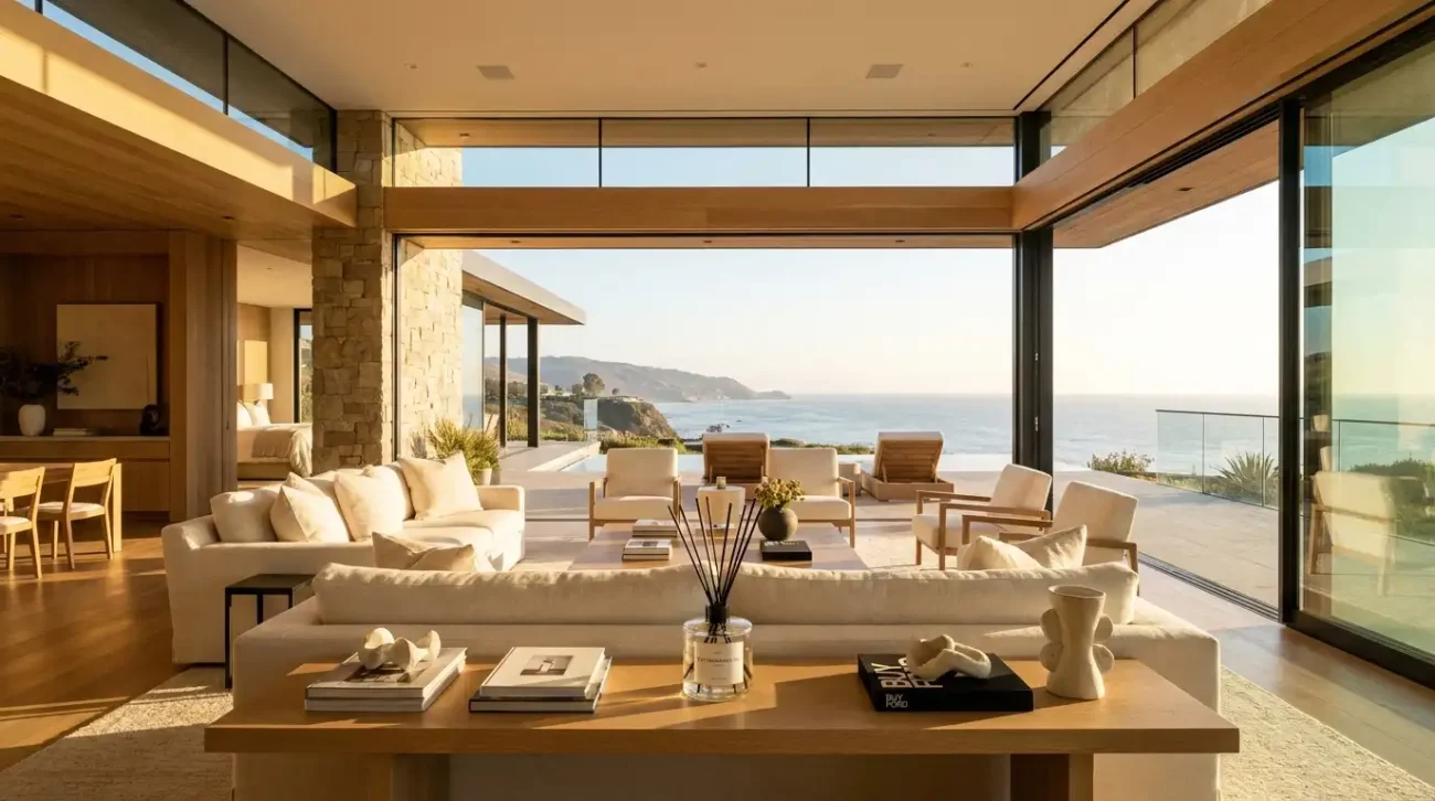 A minimalist Buy Fragrance Oil glass diffuser on an oak table inside an airy California villa with open sliding glass walls looking out to the coast.