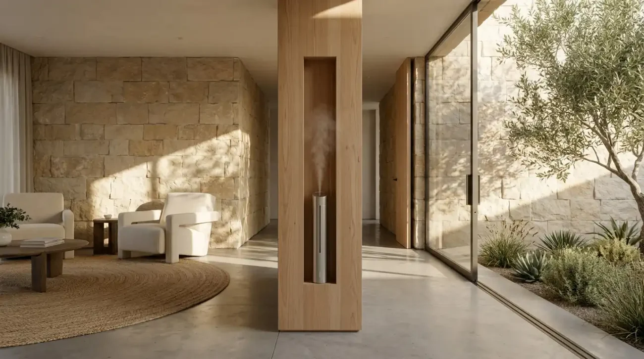 A minimalist limestone hallway opening to a private courtyard with an integrated commercial scent diffuser in a California luxury villa.