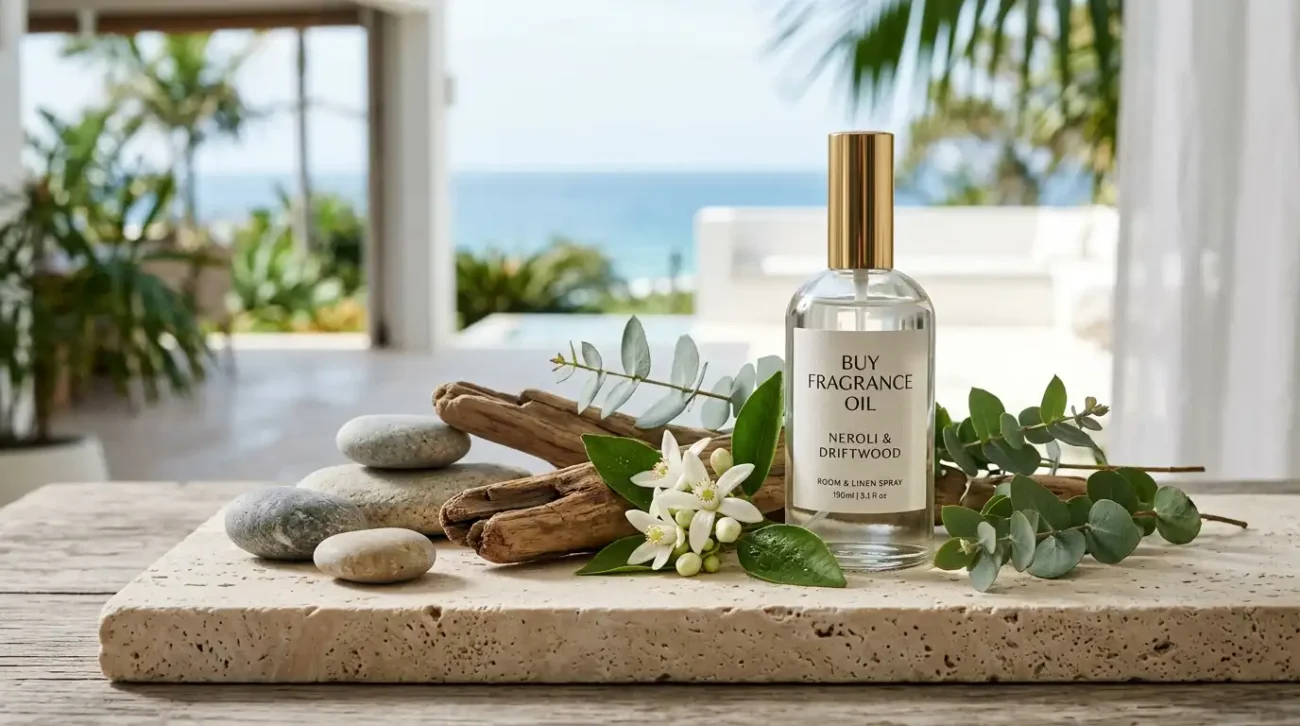 Coastal mineral stones, neroli blossoms, eucalyptus, and driftwood arranged next to a luxury room spray.
