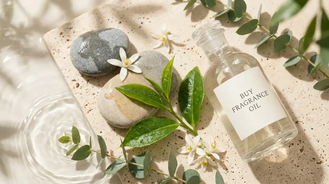 Mineral stones, green tea leaves, eucalyptus, and neroli blossoms next to a Buy Fragrance Oil room spray on a travertine surface with water ripples.