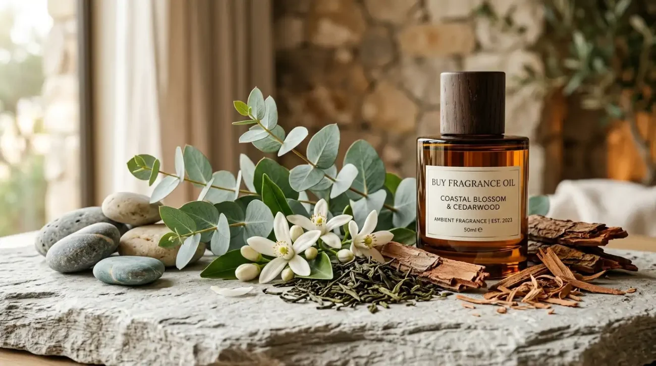 Coastal mineral stones, green tea leaves, eucalyptus, neroli, and cedarwood arranged next to an amber fragrance bottle.