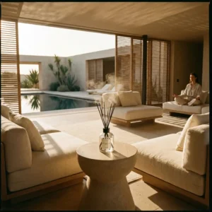 Emotional Escape Through Resort Design An elegant Buy Fragrance Oil glass diffuser in a sun-drenched minimalist wellness lounge overlooking an interior courtyard pool.